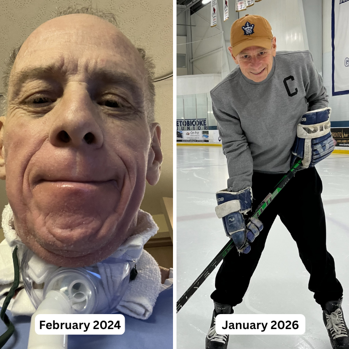 Paul Lonergan: February 2024 during treatment and January 2026 back on the ice